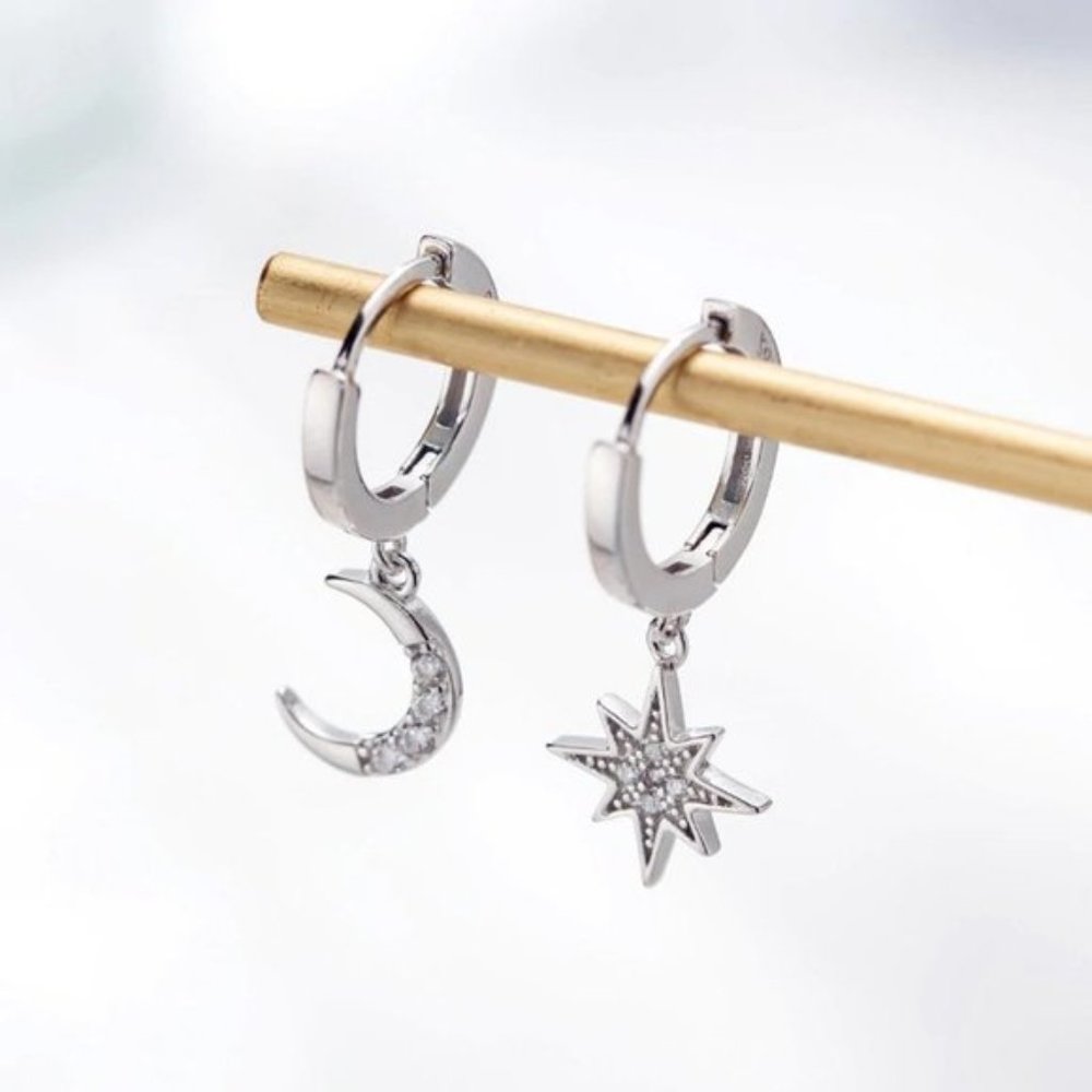 925 Sterling Silver CZ Moon Star Hoop Earrings